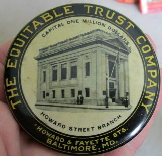 The Equitable Trust Co Baltimore Md Round Celluloid Advertising Dime Coin Bank