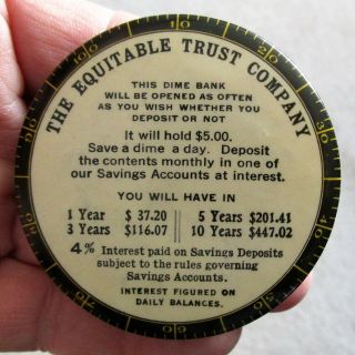 The Equitable Trust Co Baltimore MD Round Celluloid Advertising Dime Coin Bank 2