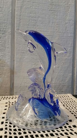 Clear & Blue Glass Dolphin Figurine 6 1/2 "