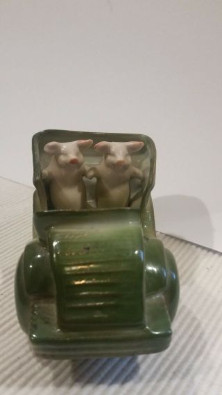 Vintage German Pink Pigs In Carriage Early Car Porcelain Twins Figurine Germany