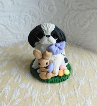 Japanese Chin Easter Sculpture,  Chin Dog Lover Clay Mini By Raquel