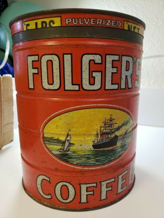 Huge Vintage Folgers Coffee Can 5 Lb Pound Empty Tin Can