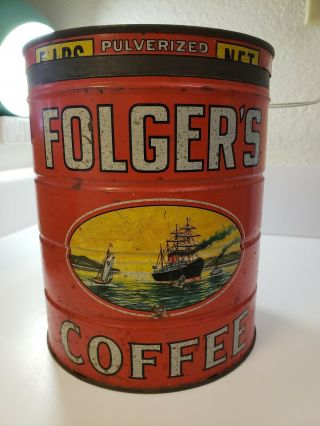 HUGE VINTAGE FOLGERS COFFEE CAN 5 lb POUND EMPTY TIN CAN 2