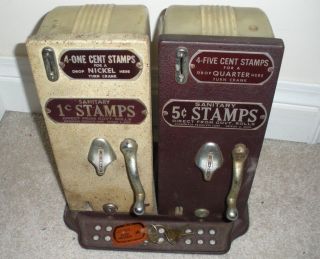 Schermack Side By Side 1 & 5 Cent Postage Stamp Vending Machines W/ Counter Base