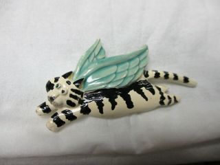 Winged Cat pin brooch Vintage enamel Antique Tiger Cat w Wings Zebra RARE 4