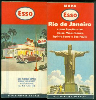 1950s Esso Gasoline Road Map Rio De Janeiro Brazil