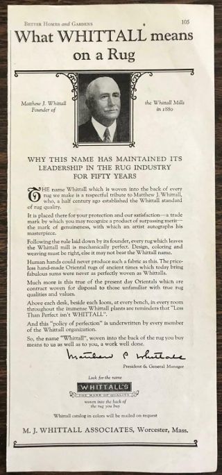 1927 Mj Whittall Assoc Worcester Ma Print Ad What Whittall Means On A Rug