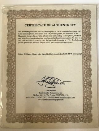 Autographed Picture Esther Williams W Certificate Of Authenticity 2