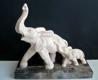 Elephant Sculpture By A.  Santini Italy - 2 Elephants Mother & Baby - Marble Base