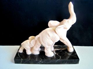 ELEPHANT Sculpture By A.  SANTINI ITALY - 2 Elephants Mother & Baby - Marble Base 2