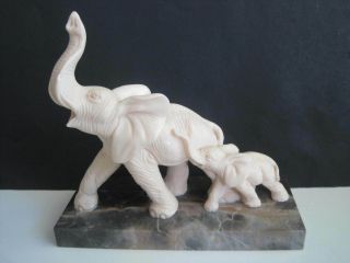 ELEPHANT Sculpture By A.  SANTINI ITALY - 2 Elephants Mother & Baby - Marble Base 8
