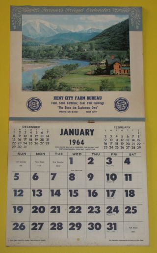 1964 Calendar Kent City Farm Bureau Michigan Farming Agricultural Advertising