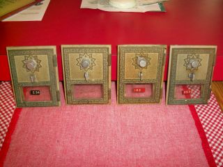 Four Vintage Brass Post Office Box Doors W/ Frame