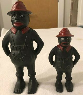 Rare Large & Small Early Black Americana Cast Iron " Give Me A Penny " Piggy Bank