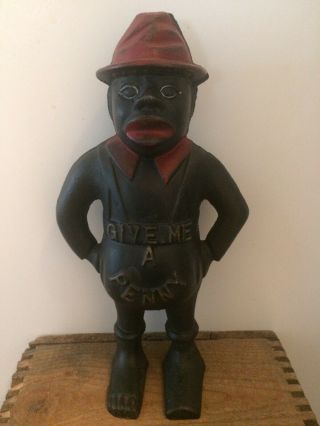 11 " Cast Iron Man With Hat - Give Me A Penny Bank - Black Americana
