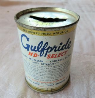Gulf Gulfpride HD Select Motor Oil Can Tin Metal Piggy Bank Vintage 2 3/4 