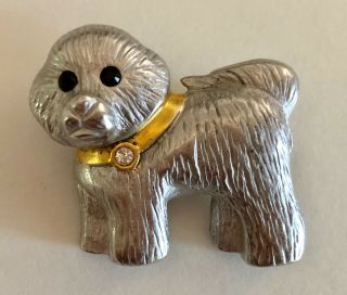 Silver Tone & Rhinestone Figural Bichon Frise Dog Pin Brooch