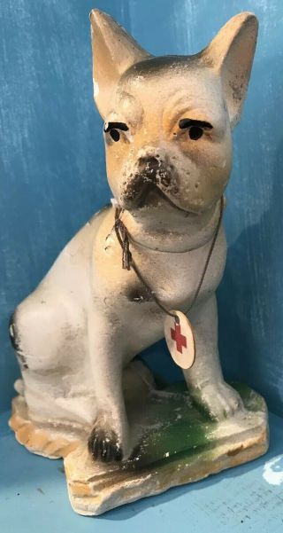 Vintage Chalkware French Bulldog,  Boston Terrier,  Red Cross Tag,  Carnival Prize