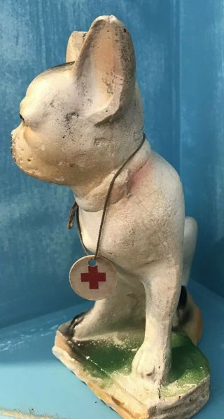 Vintage Chalkware French Bulldog,  Boston Terrier,  Red Cross Tag,  Carnival Prize 2