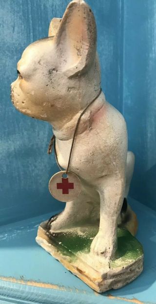 Vintage Chalkware French Bulldog,  Boston Terrier,  Red Cross Tag,  Carnival Prize 3