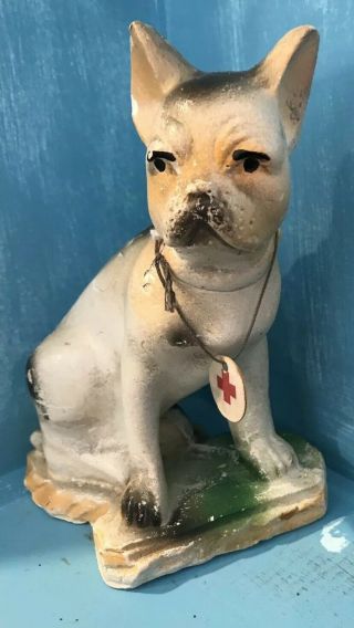 Vintage Chalkware French Bulldog,  Boston Terrier,  Red Cross Tag,  Carnival Prize 4