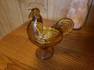 Vintage Amber Glass Rooster Candy Dish