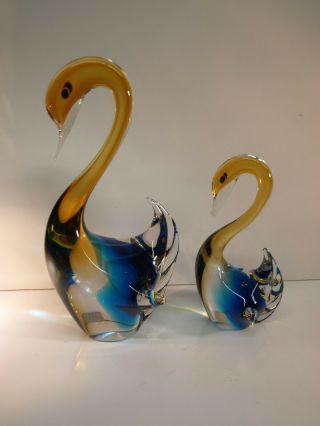Pair Art Glass Signed Japan Swan Figurines
