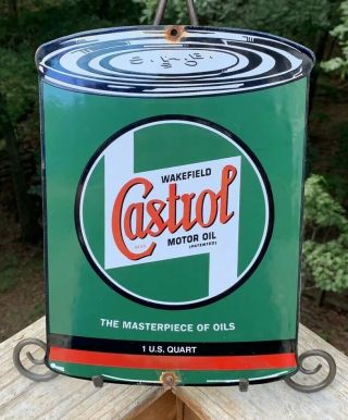 Vintage Castrol Motor Oil Can Porcelain Gas Pump Sign Advertising