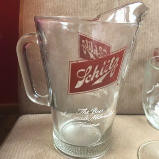 Vtg SCHLITZ Glass Beer Pitcher,  4 Thumbprint Pint Bar Mugs Barware Milwaukee 2