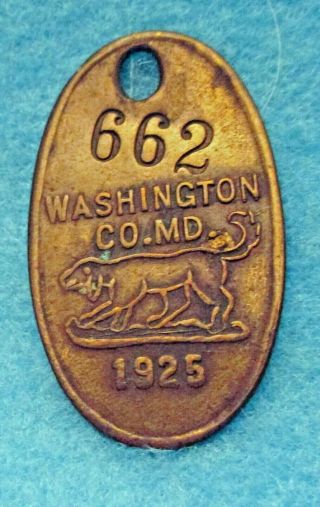 1925 Vintage Dog Tax Tag - Washington Co,  Md 662 (dog On Front)