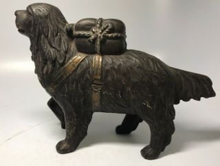Vintage Cast Iron Bernard Dog W/ Rescue Bag Still Coin Bank