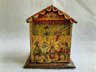 Rare Antique Tin Litho German Penny Toy Punch & Judy Still Coin Bank With Key