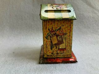 RARE Antique Tin Litho German Penny Toy Punch & Judy Still Coin Bank with Key 2