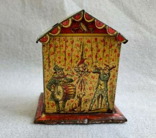 RARE Antique Tin Litho German Penny Toy Punch & Judy Still Coin Bank with Key 3