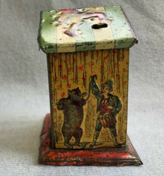 RARE Antique Tin Litho German Penny Toy Punch & Judy Still Coin Bank with Key 4