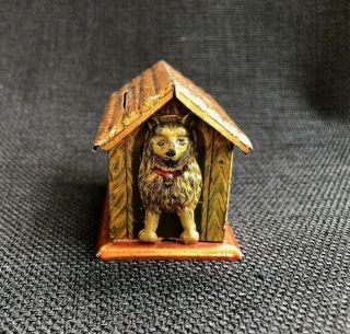 Rare Antique German Tin Litho Dog House W/3d Puppies And Kittens Still Coin Bank