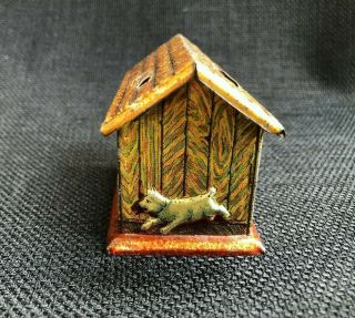 RARE Antique German Tin Litho Dog House w/3D Puppies and Kittens Still Coin Bank 3