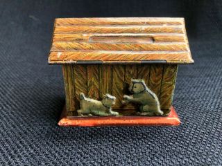 RARE Antique German Tin Litho Dog House w/3D Puppies and Kittens Still Coin Bank 4