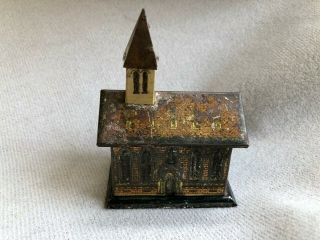 Rare Antique German Tin Litho Church With Steeple Stained Glass Still Coin Bank