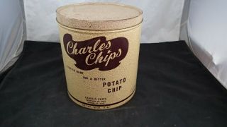 Vintage Charles Chips Metal Tin Can Potato Chip Canister 16 Oz
