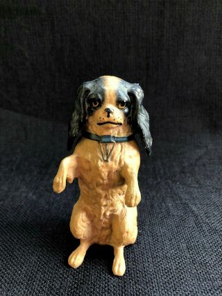 Rare Antique Cast Metal Lead Painted King Cavalier Spaniel Sitting Up Coin Bank