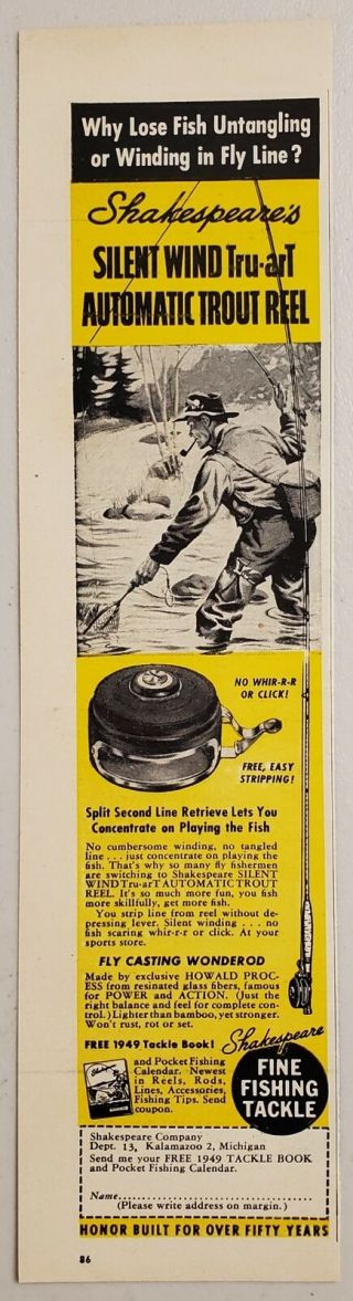 1949 Print Ad Shakespeare Silent Wind Tru - Art Automatic Trout Fly Fishing Reels