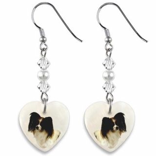 Papillon Dog 925 Sterling Silver Heart Mother Of Pearl Dangle Earrings Ep236