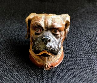 Rare Antique Cast Metal Lead Painted Guard Dog Face Head Still Penny Bank