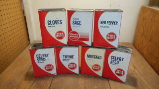 7 Vintage Red & White Advertising Spice Tin Cans Kitchen Advertising 1960s 8 Oz