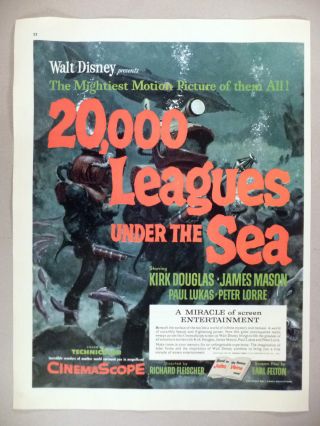 20,  000 Leagues Under The Sea Movie Print Ad - 1954 Walt Disney,  Kirk Douglas