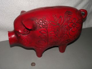 Giant Vintage Red Ceramic Piggy Bank California Pottery Usa F 40 Decorated Pig
