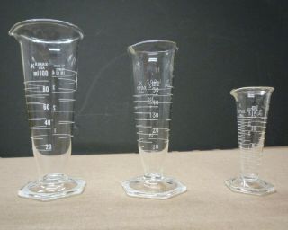 Matched Set Of 3 Vintage Apothecary Graduated Cylinders 100ml 50ml 15ml