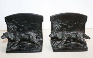 Pair Antique 1923 L.  V.  Aronson Cast Iron Pointer Setter Hunting Dog Book Ends