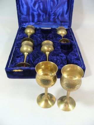 Set Of 6 X 12cm Tall Epns Small Wine Goblets Boxed In Blue Plush Velvet Case
